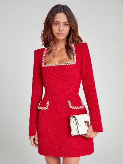 LIORA™ | Robe en Tweed à Encolure Carrée Perlée