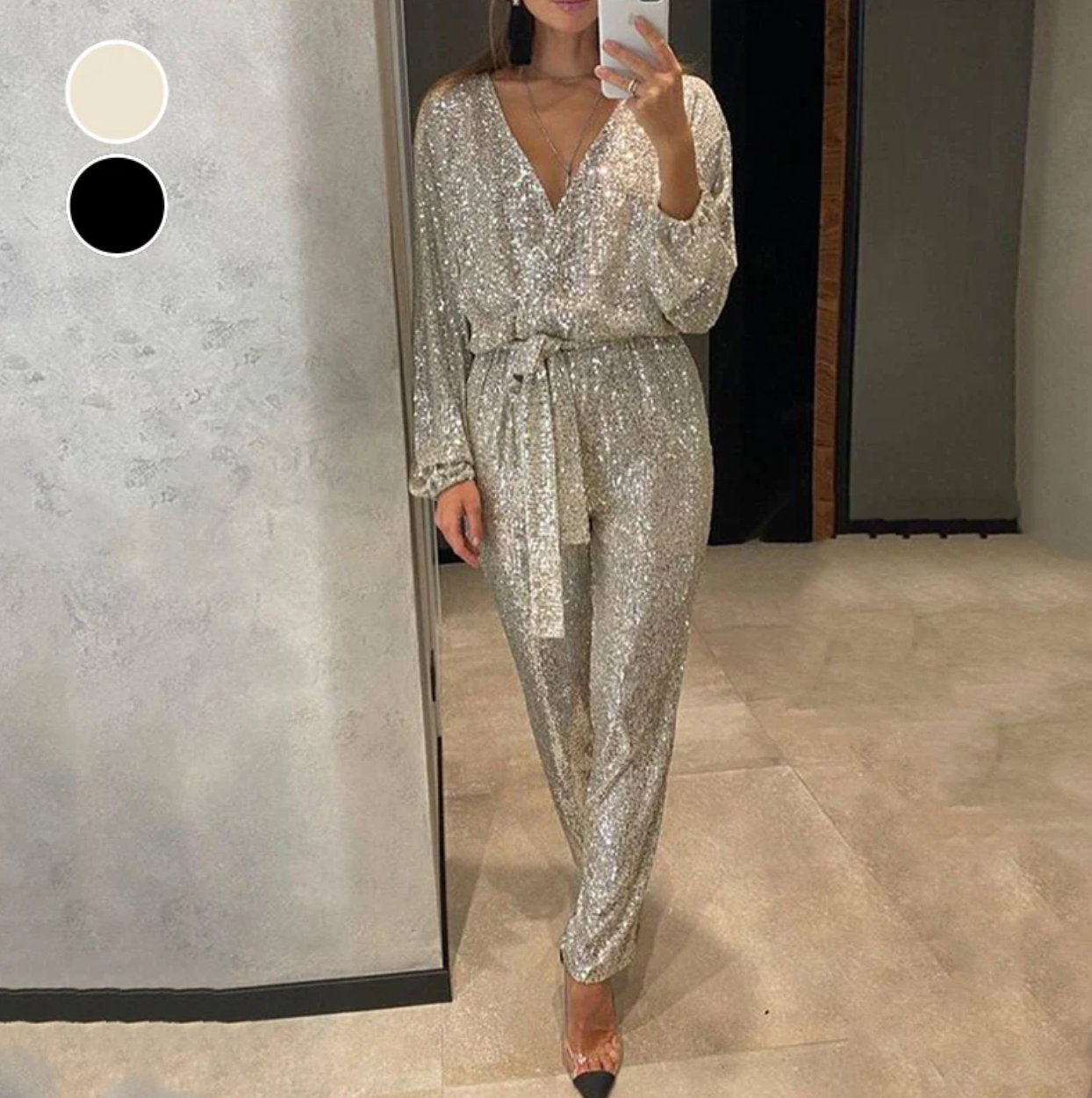 LIORA™ – Combinaison scintillante avec encolure en V et ceinture