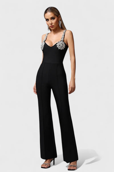 LIORA™ | Combinaison Noire à Bretelles Cristallisées