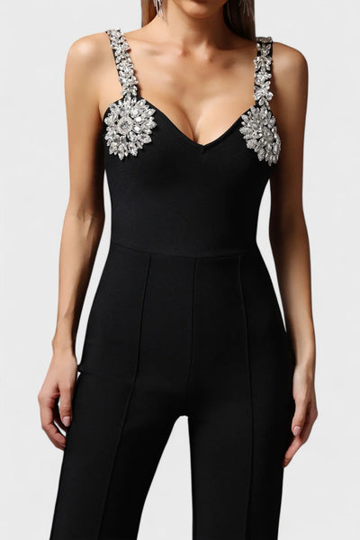 LIORA™ | Combinaison Noire à Bretelles Cristallisées