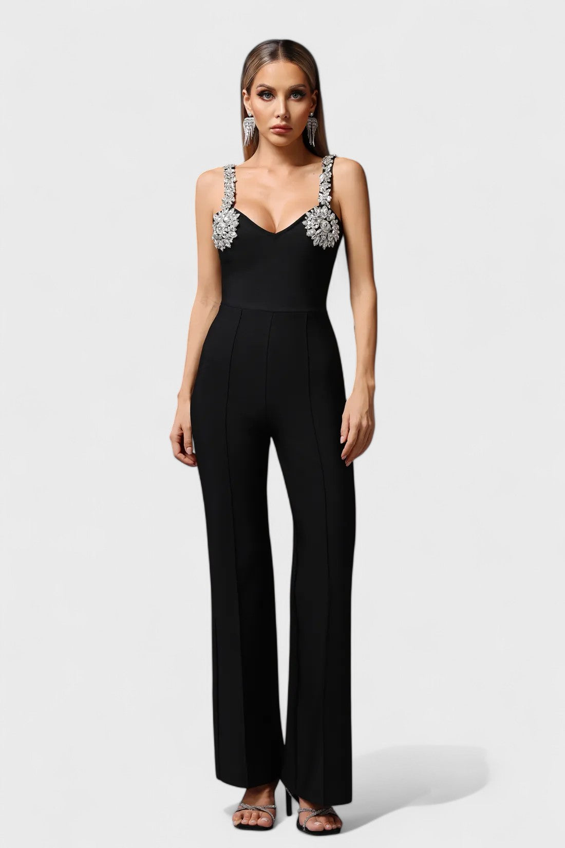 LIORA™ | Combinaison Noire à Bretelles Cristallisées