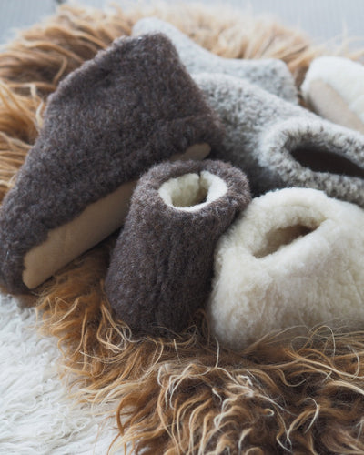 Pantoufles en laine – gris foncé/brun (Modèle haut)